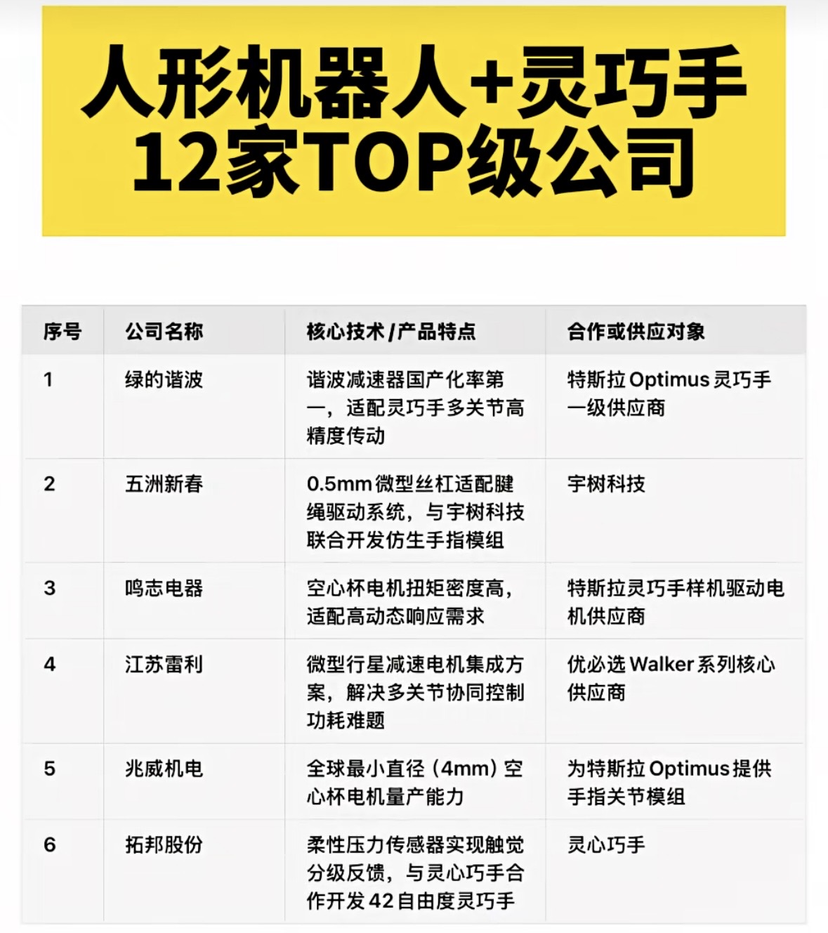 人形机器人玩家及供应链